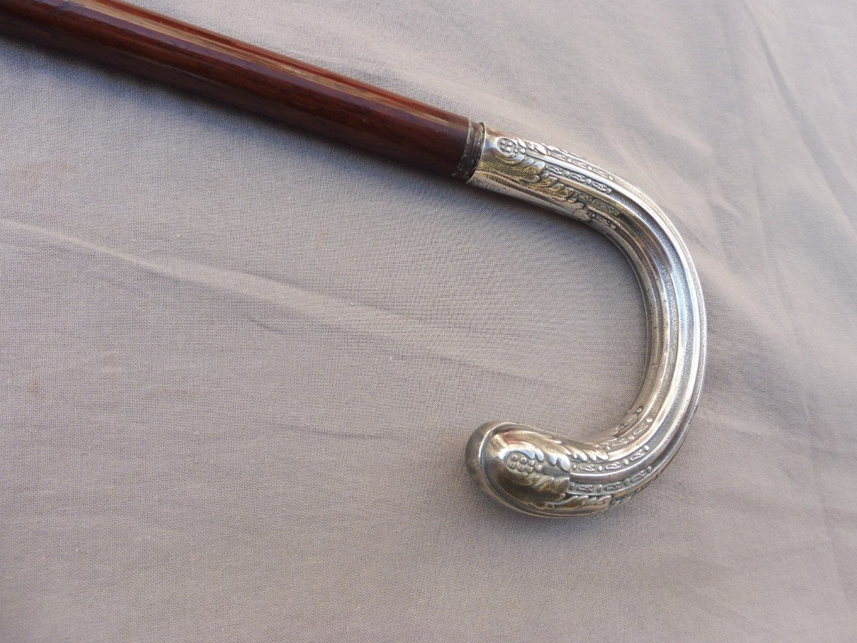 Cane Pommel Handle Silver Butt With Foliage Decor Mahogany Shaft End XIXth 19th 90.5 Cm Napoléon III-photo-4