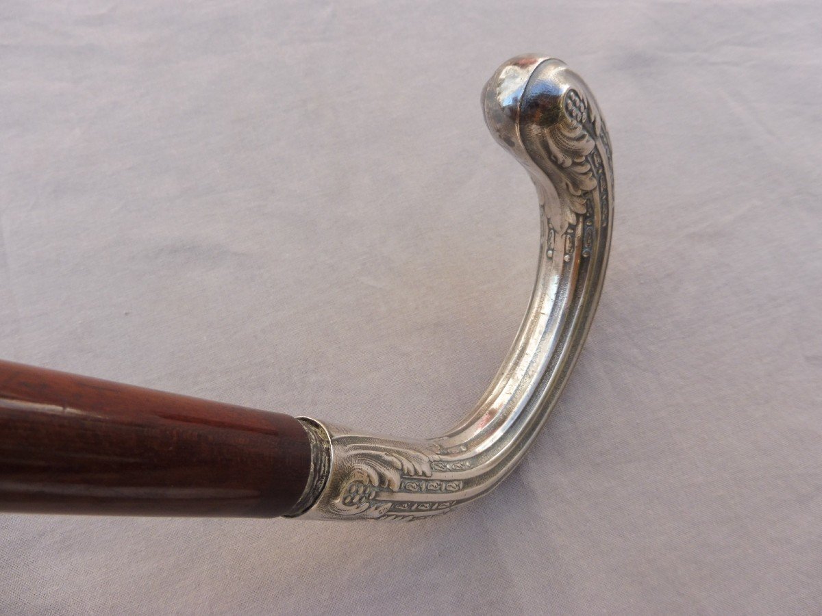 Cane Pommel Handle Silver Butt With Foliage Decor Mahogany Shaft End XIXth 19th 90.5 Cm Napoléon III-photo-8