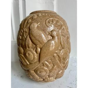 Mougin Fr&egrave;res Nancy Vase en Gr&egrave;s Brun C&eacute;ramique Beige Art Deco Oiseaux et Fleurs Chevalier D&eacute;corateur Pour La Ma&icirc;trise Art D&eacute;co 23,5cm 