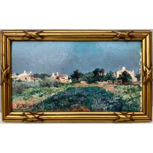 LESSIEUX  Ernest Louis 1848-1925 Huile sur Panneau Village du Colombiers ile d'Oleron Charente-Maritime  XIX&egrave;me XX&egrave;me 10,5 cm X 18 cm Sign&eacute; 