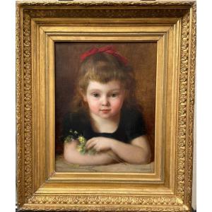 Jean Benner (1836-1909) Fillette Petite Fille Au Noeud Rouge , Portrait d'Elisabeth Favre Huile sur toile XIX&egrave;me 41,3 X 32,3 cm Sign&eacute; XIX&egrave;me 19&egrave;me 