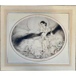 Louis Icart (1888 - 1950) "La Dame aux Camélias " Circa 1927 Lithographie Épreuve d'Artiste de Forme Ovale signée Art Deco Déco Élégante aux lévriers 43,5 X 54 cm 