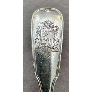 Cuillère à Ragoût ragout en Argent Maître Orfèvre  Pierre-Nicolas Sommé, Paris, 1787 Reçu En 1768 Louis XVI 180gr XVIIIème Blason présumé de Pierre d'Esbardes de Lusson d'Aubeterre et de Jonzac  