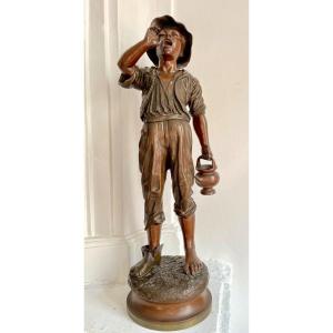 Paul Dubois (1829-1905): The Little Water Carrier, Brown Patinated Bronze Sculpture H 68 Cm 19th 