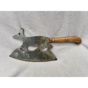 Art Populaire Hachoir feuille de boucher fer forgé Zoomorphe Renard Goupil circa 1900  29cm