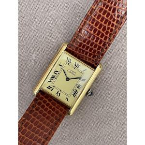 Cartier "must Tank" Lizard Wristwatch In Vermeil Mechanical Ivory Dial Roman Numerals 