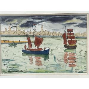 Élisée Maclet (1881-1962) Le port d'Anvers voiliers aquarelle signée 21,5 x 32 cm. circa 1950