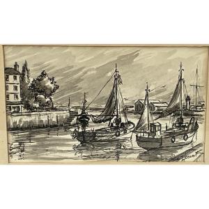 Georges Hersent (1925–2003) Ink On Paper; “port Of Normandy, Boats”; Signed; 20th Century; 9.5 X 15 Cm 