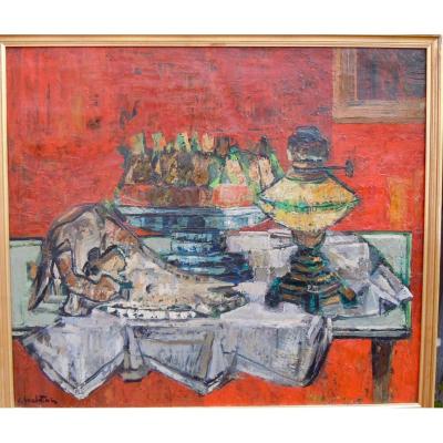 Crikor Garabetian (1908-1993) Nature Morte Vanité Crâne Animal 55x63 Cm Huile Sur Toile Signée peintre Arménien Arménie 