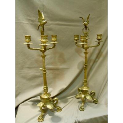 Pair Of Chande Bronze Candelabra Etruscan Model After Barye And Barbedienne Brame XIXth