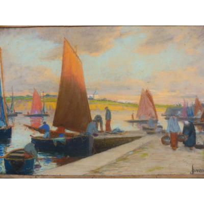 Mathurin Janssaud 1857-1940 Pastel Retour De Pêche En Bretagne Port Concarneau Marine 24x35cm