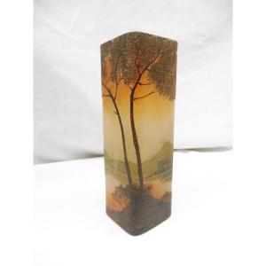 Legras Théodore Verrier Vase Marasquin Art Nouveau dégagé à l'Acide Paysage Lacustre Vosges Vosgien Pâte De Verre 17 cm  référencé au catalogue raisonné 