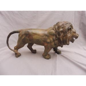 Pierre Chenet XXth Century Roaring Walking Lion Proof In Patinated Bronze And Foundry Mark 46x24 C