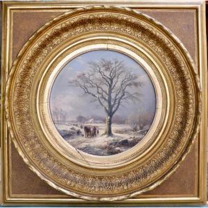 Eug&egrave;ne Verboeckhoven (1798-1881) Attribu&eacute; &agrave;,  &Eacute;cole Belge , Paysage Hivernal Anim&eacute; d\'une procession en hiver de villageois dans un paysage de neige  monogramm&eacute; E.V dat&eacute; 1854 huile sur panneau format tondino circulaire XIX&egrave;me 19&egrave;me XIX&egrave;me 