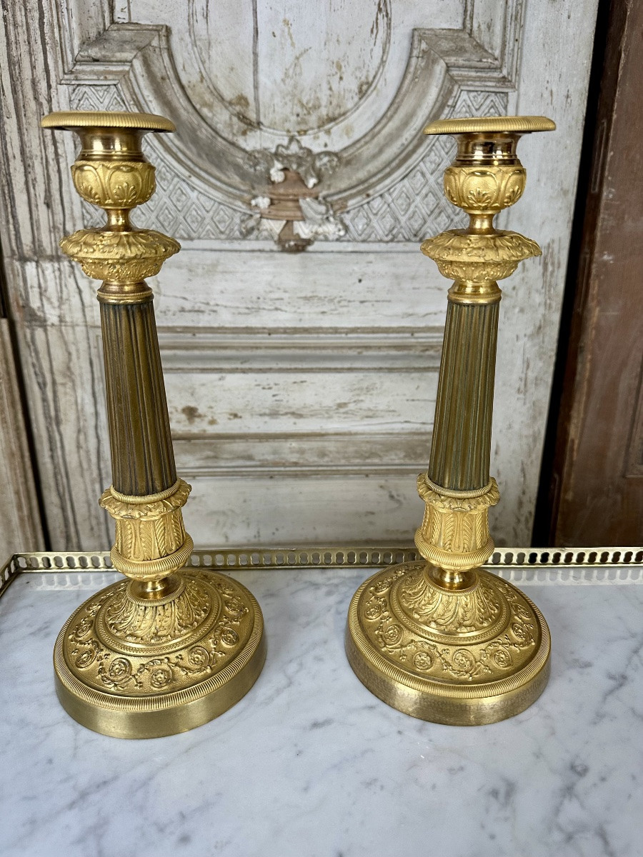 Paire De Bougeoirs En Bronze époque Restauration Début 19e Siècle-photo-2