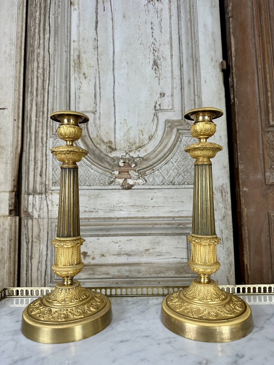 Paire De Bougeoirs En Bronze époque Restauration Début 19e Siècle