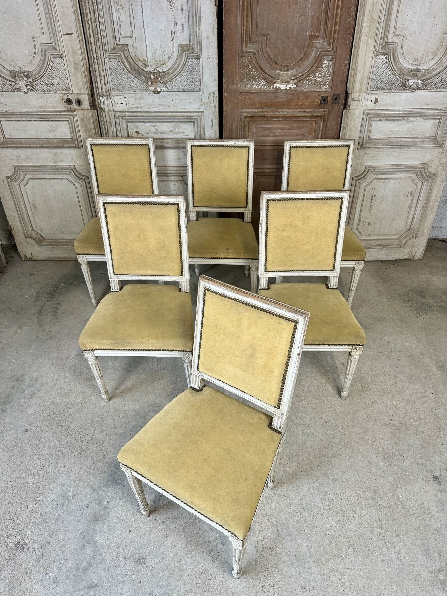 Série de 6 chaises de style Louis XVI laquée blanc circa 1900-photo-2