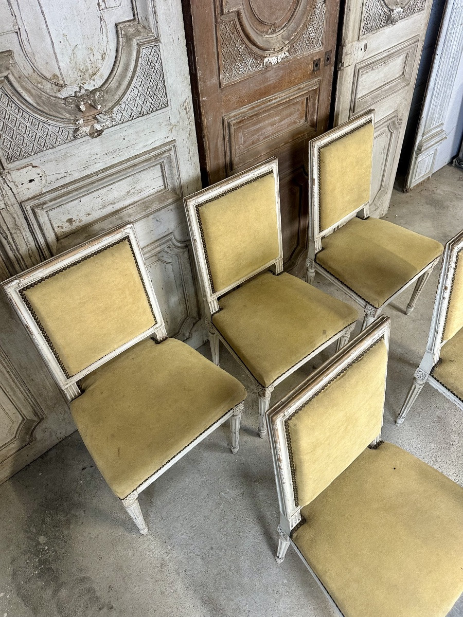 Série de 6 chaises de style Louis XVI laquée blanc circa 1900-photo-3