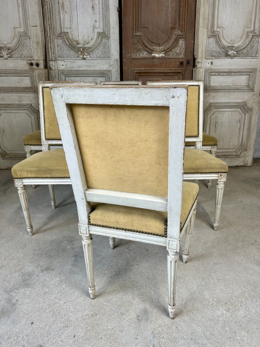 Série de 6 chaises de style Louis XVI laquée blanc circa 1900-photo-5