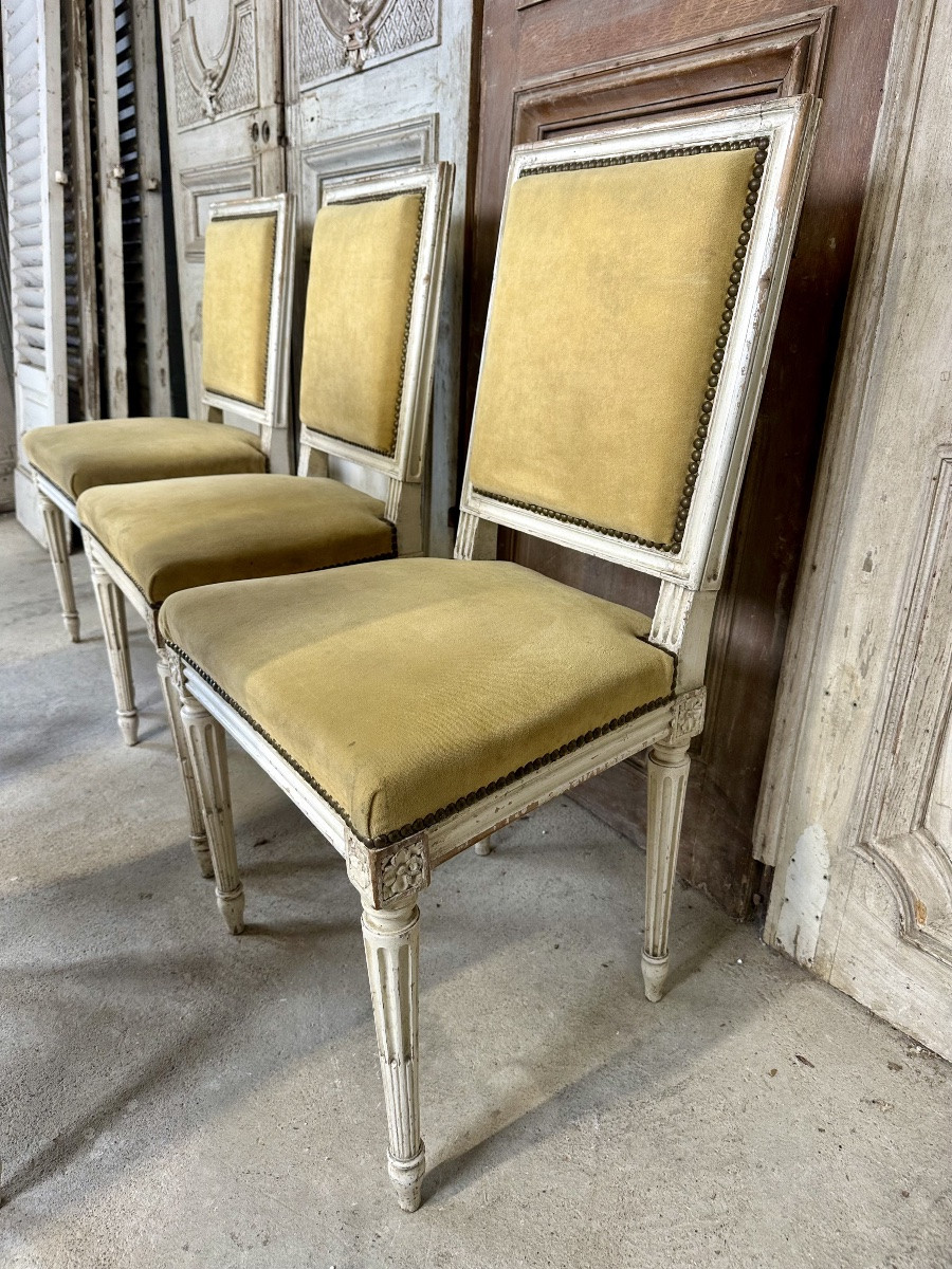 Série de 6 chaises de style Louis XVI laquée blanc circa 1900-photo-7