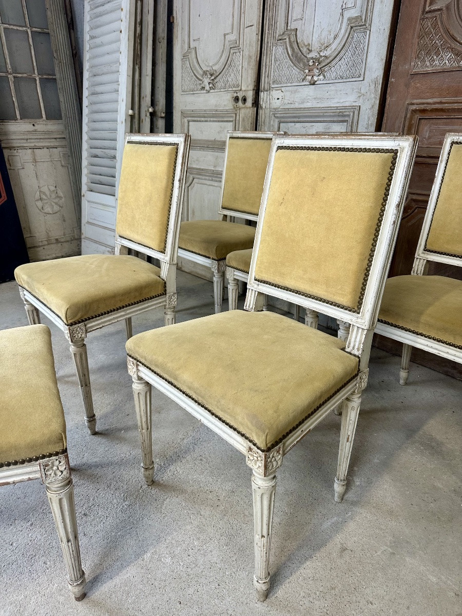 Série de 6 chaises de style Louis XVI laquée blanc circa 1900-photo-8