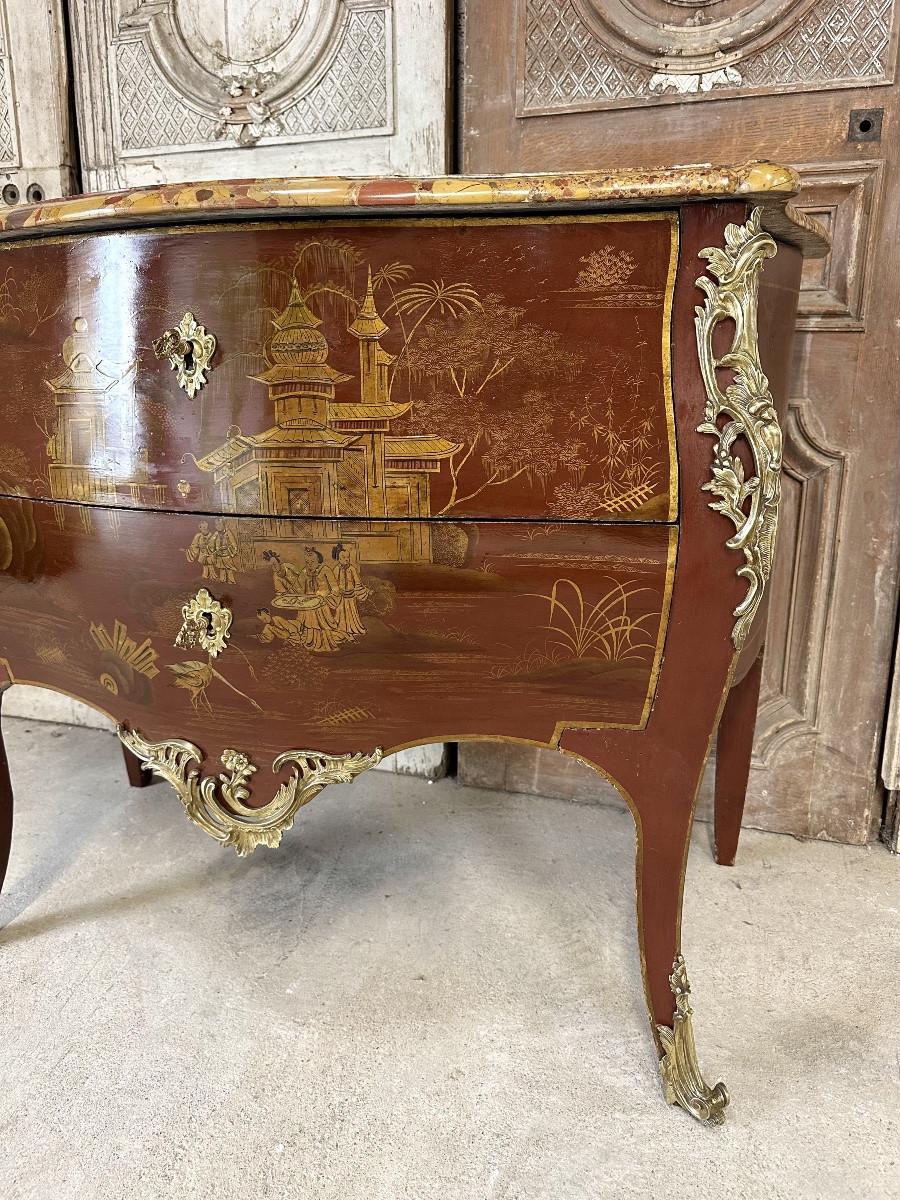 Commode de style Louis XV en laque rouge époque 1900-photo-2