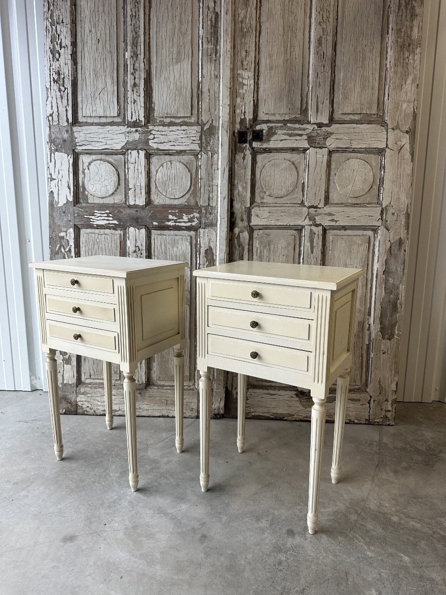 Pair Of Painted Louis XVI Style Bedside Tables, 20th Century 
