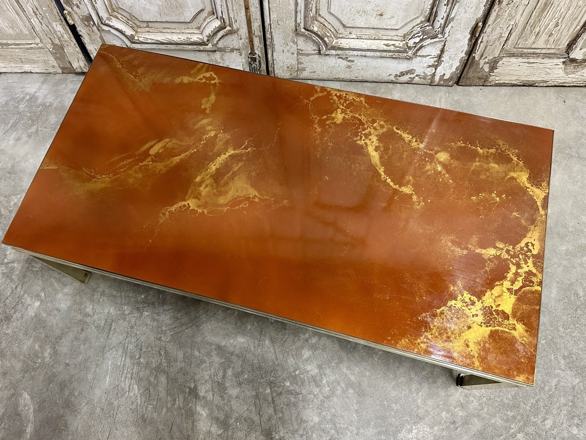 Table basse Guy Lefèvre pour Maison JANSEN plateau imitation laque circa 1970-photo-2