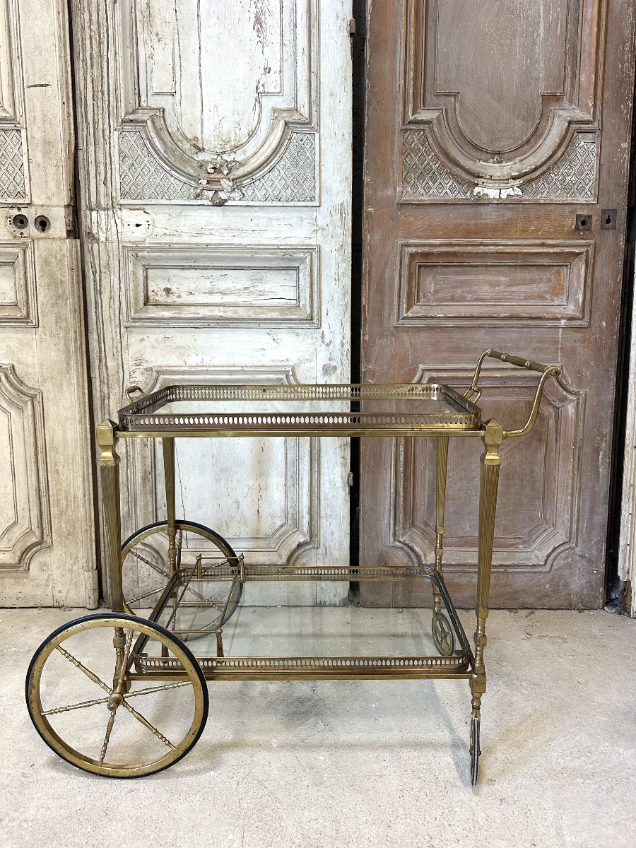 Chariot desserte bar roulant en laiton et bronze circa 1960-photo-2