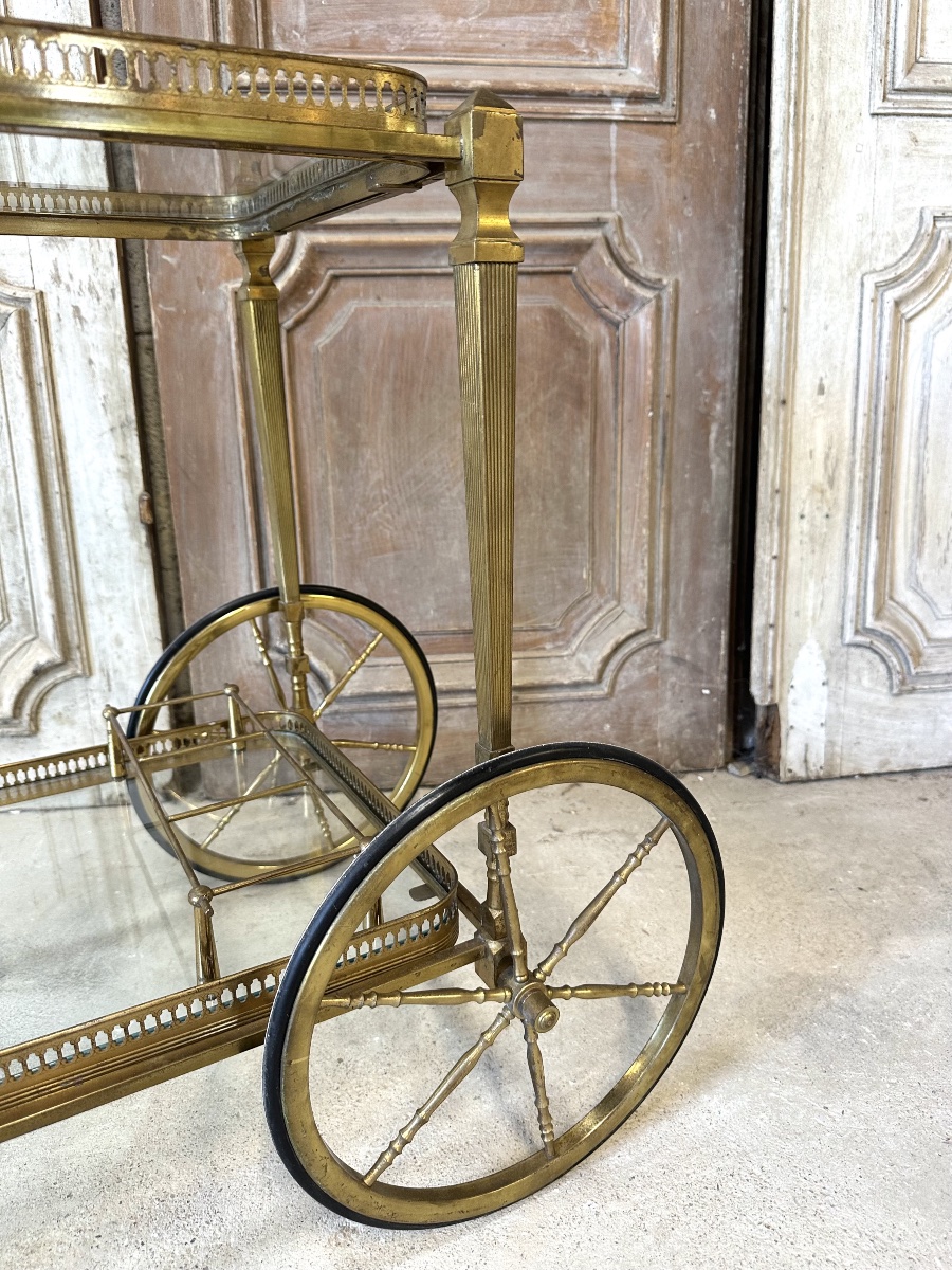 Chariot desserte bar roulant en laiton et bronze circa 1960-photo-1