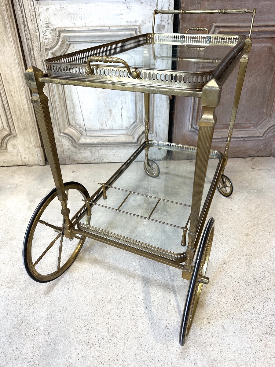 Chariot desserte bar roulant en laiton et bronze circa 1960-photo-6