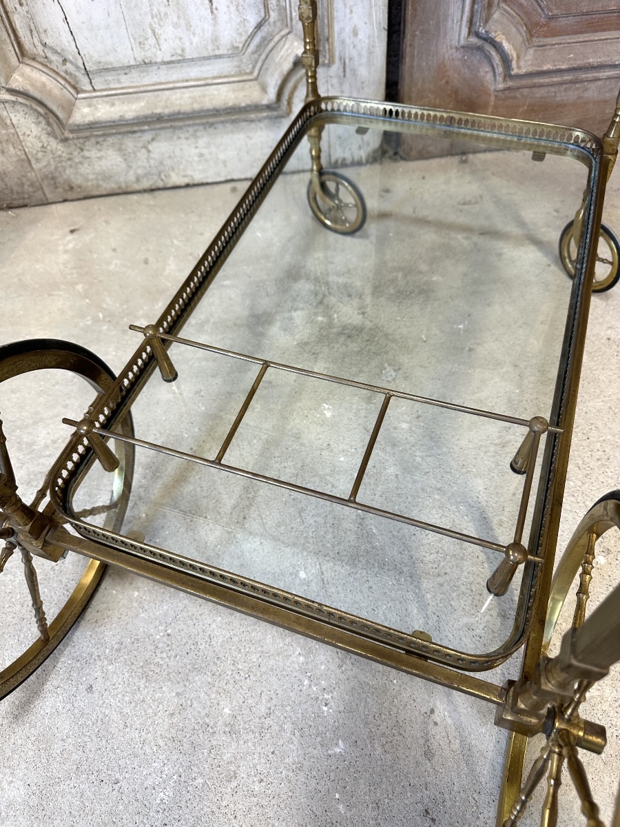 Chariot desserte bar roulant en laiton et bronze circa 1960-photo-7