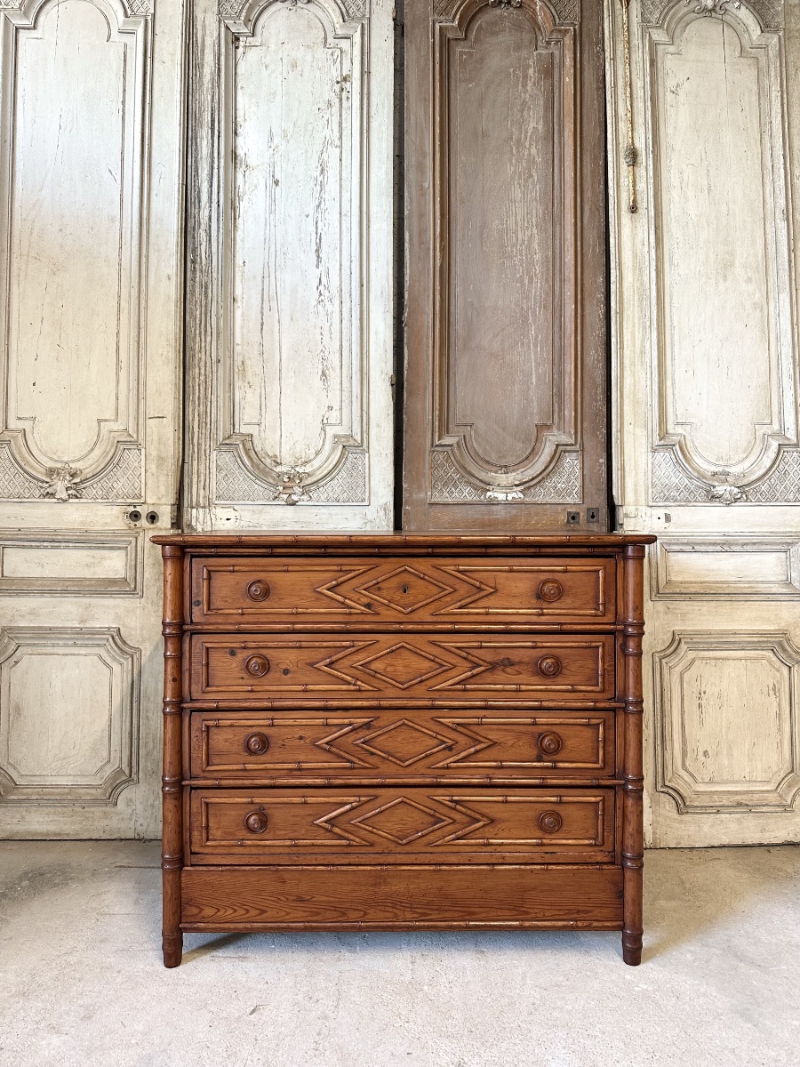Commode style faux bambou en sapin époque 1900-photo-2