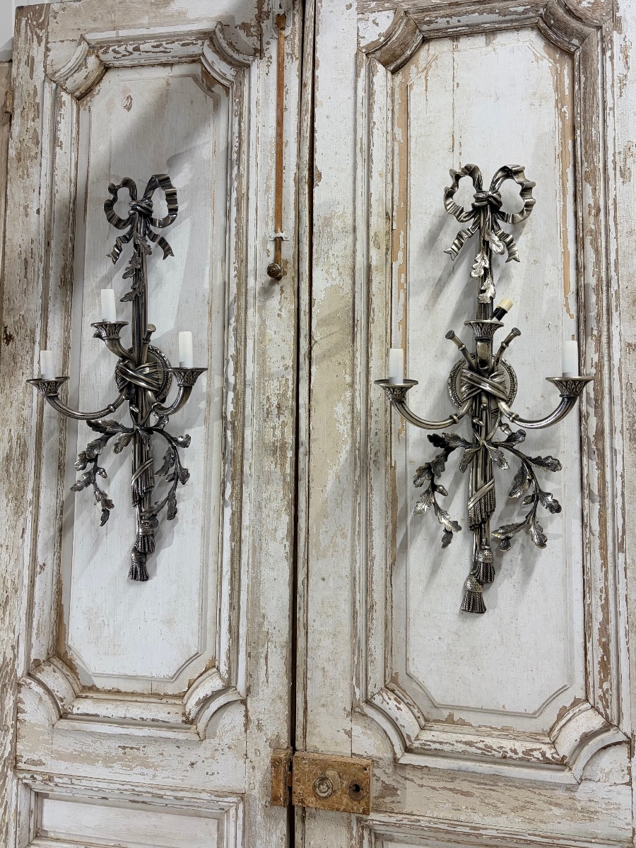 Paire d’appliques en bronze argenté époque XXe siècle-photo-2