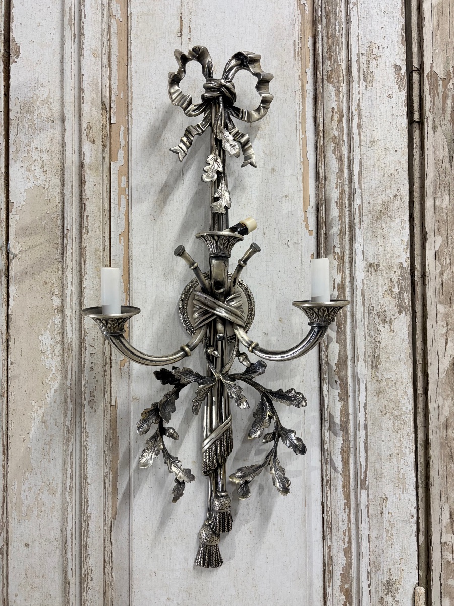 Paire d’appliques en bronze argenté époque XXe siècle-photo-3