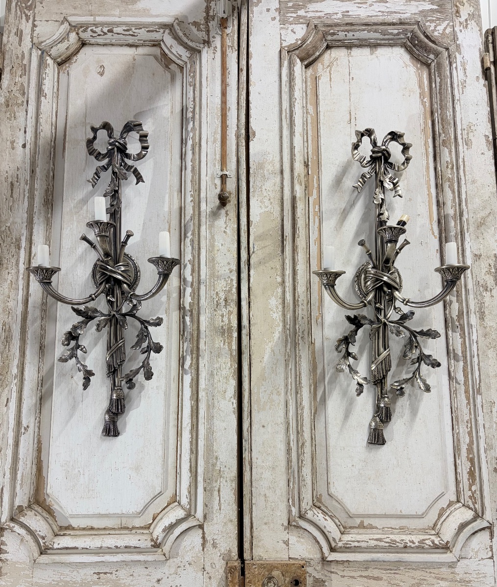 Paire d’appliques en bronze argenté époque XXe siècle-photo-1