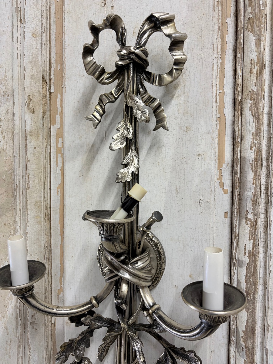 Paire d’appliques en bronze argenté époque XXe siècle-photo-2
