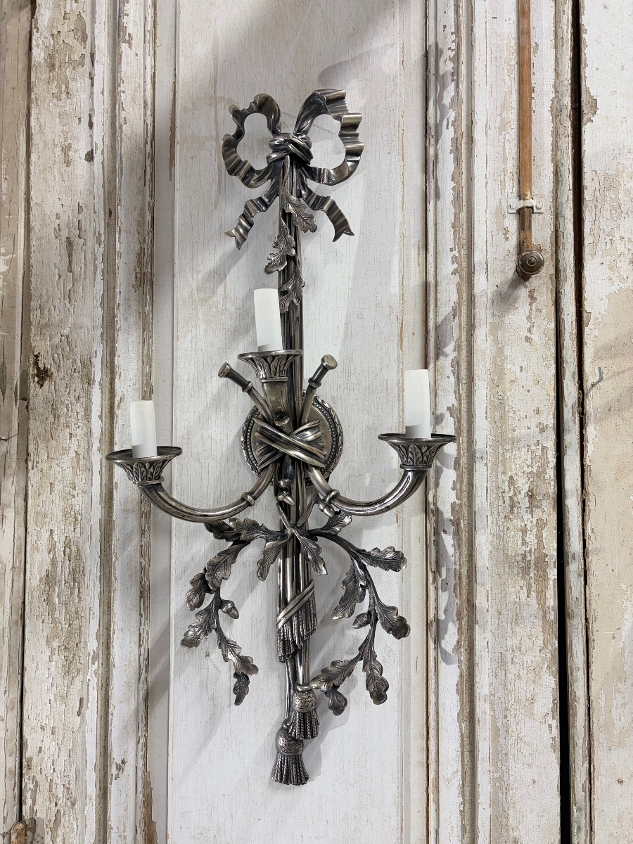 Paire d’appliques en bronze argenté époque XXe siècle-photo-5