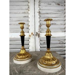 Pair Of Louis XVI Style Candlesticks In Gilt And Patinated Bronze