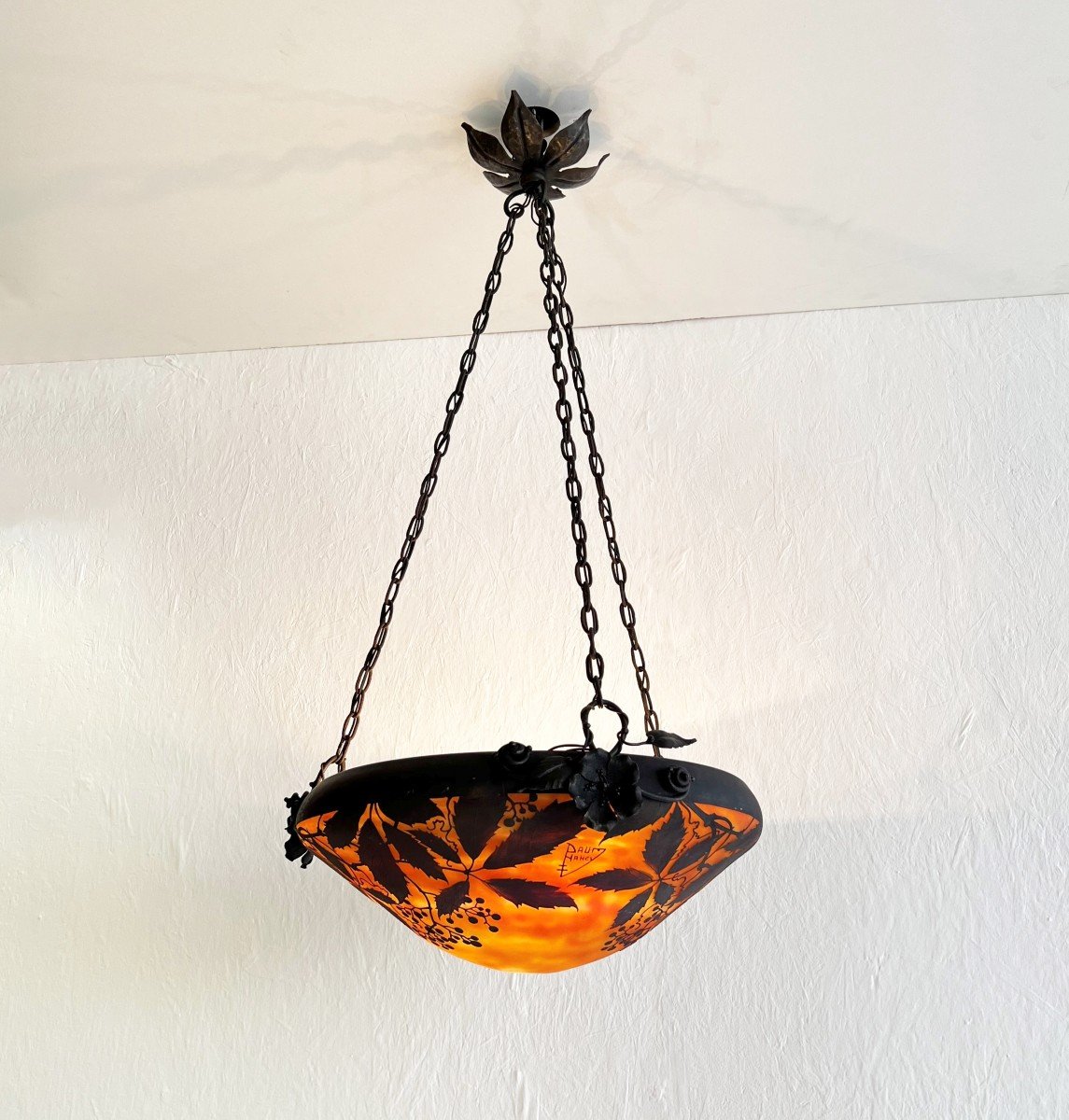 Daum Nancy 1910 - Lampe à Suspension Lustre Art Nouveau En Verre à Décor De Vigne Vierge