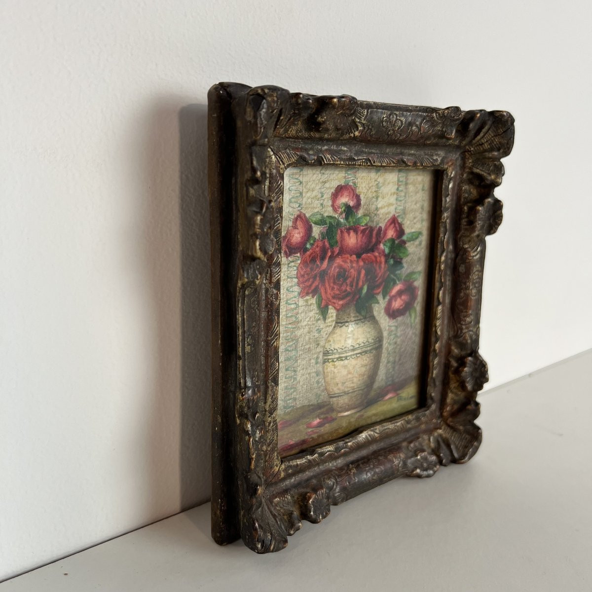 Tableau Peinture Ernest Filliard 1868 Aquarelle Roses rouges dans un vase XIXe-photo-3