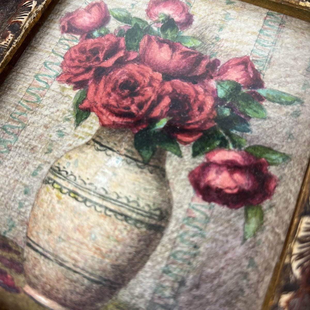 Tableau Peinture Ernest Filliard 1868 Aquarelle Roses rouges dans un vase XIXe-photo-2