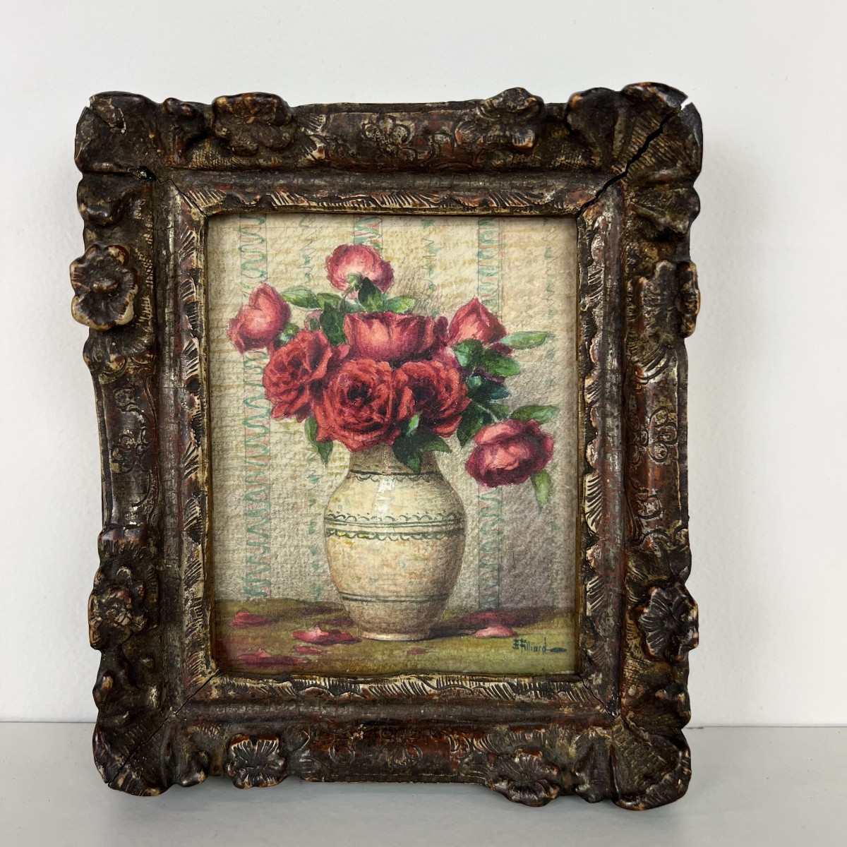 Tableau Peinture Ernest Filliard 1868 Aquarelle Roses rouges dans un vase XIXe