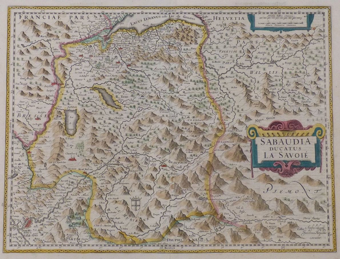 Carte Sabaudia Ducatus La Savoié Gravure aquarellée Judocus HONDIUS 17ème siècle