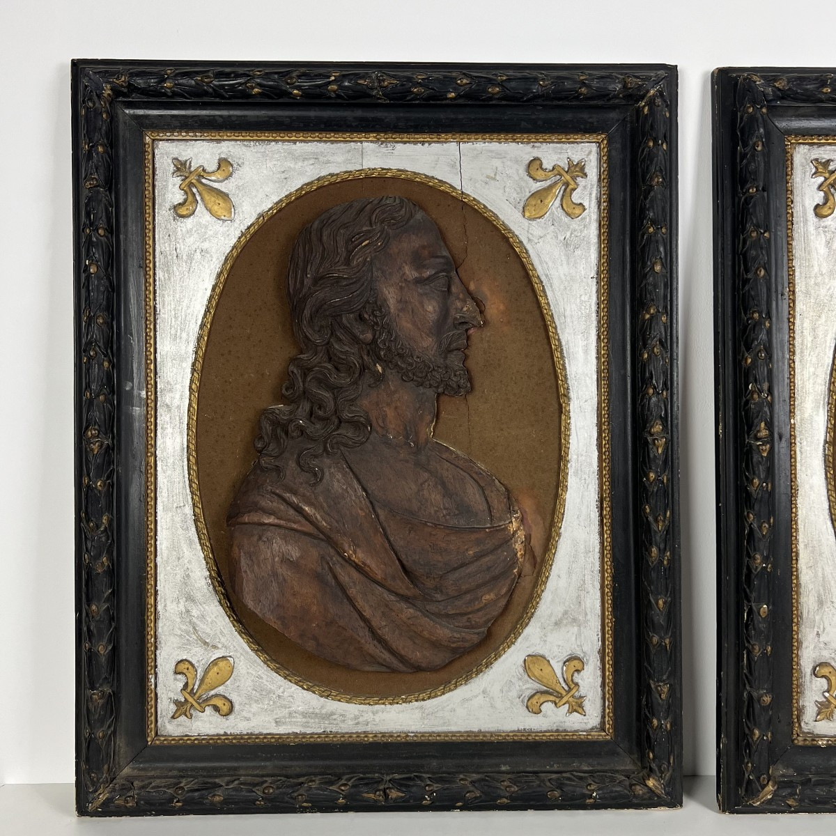 Pair Of Wooden Bas-reliefs - 17th Century Religious Frames - Jesus And The Virgin Mary-photo-3