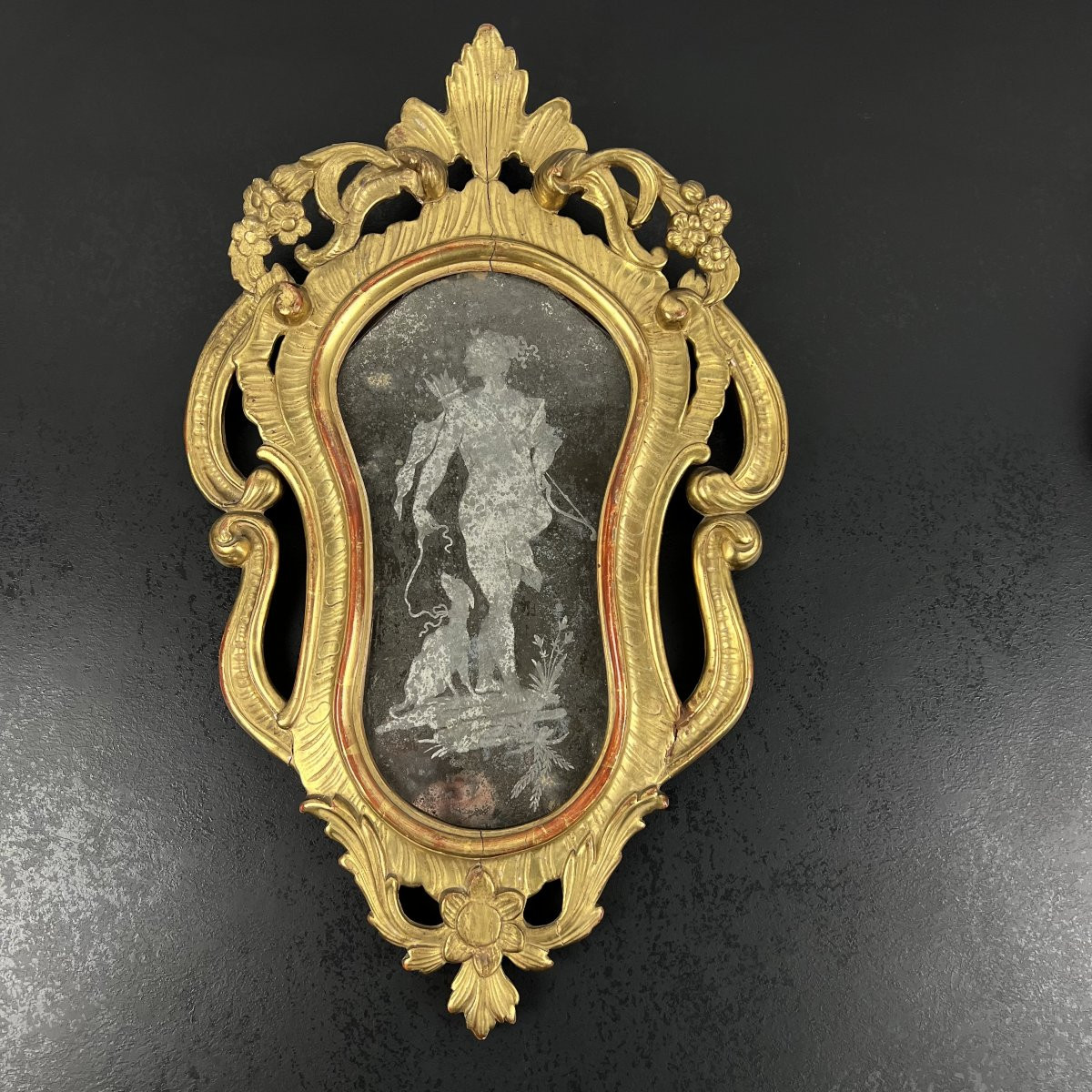 Paire de Miroirs Italiens du XVIIIe siècle gravés de figures mythologiques Diane et Mercure-photo-3