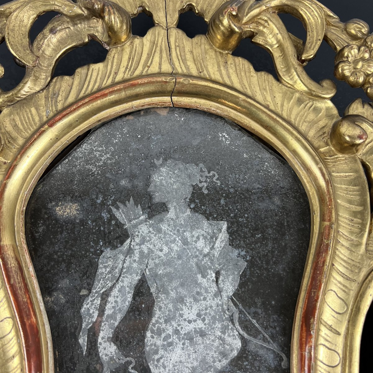 Paire de Miroirs Italiens du XVIIIe siècle gravés de figures mythologiques Diane et Mercure-photo-7