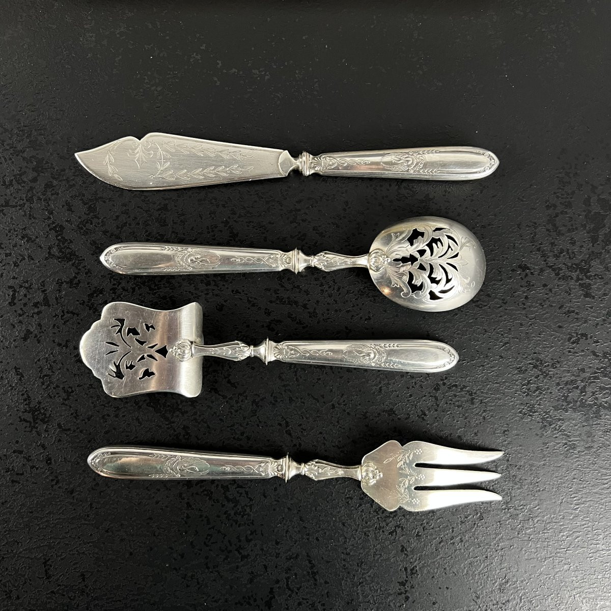 Silver Hors D’oeuvre / Dessert Serving Set, Swan, Caduceus, Napoleon , 19th Century France-photo-3