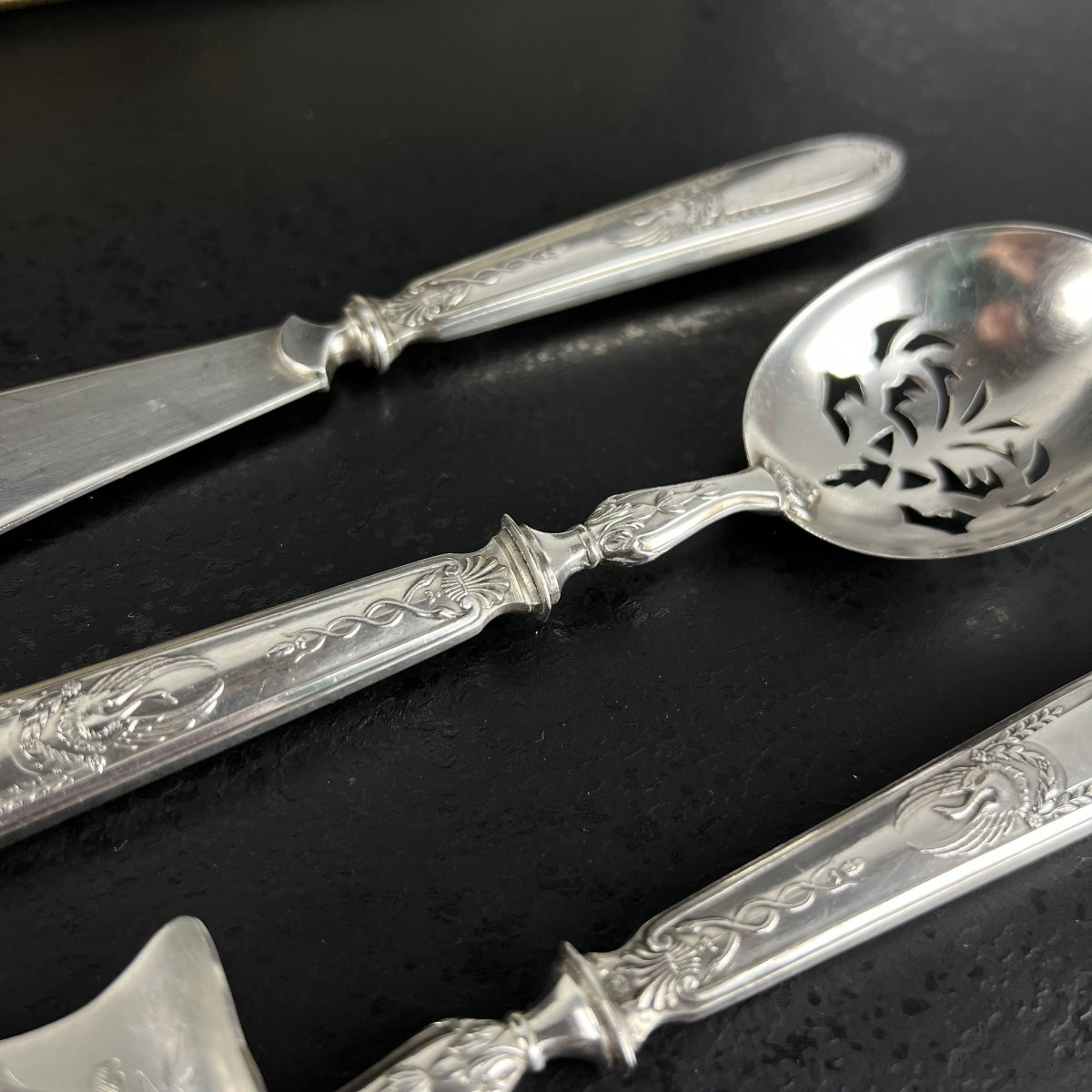 Silver Hors D’oeuvre / Dessert Serving Set, Swan, Caduceus, Napoleon , 19th Century France-photo-5