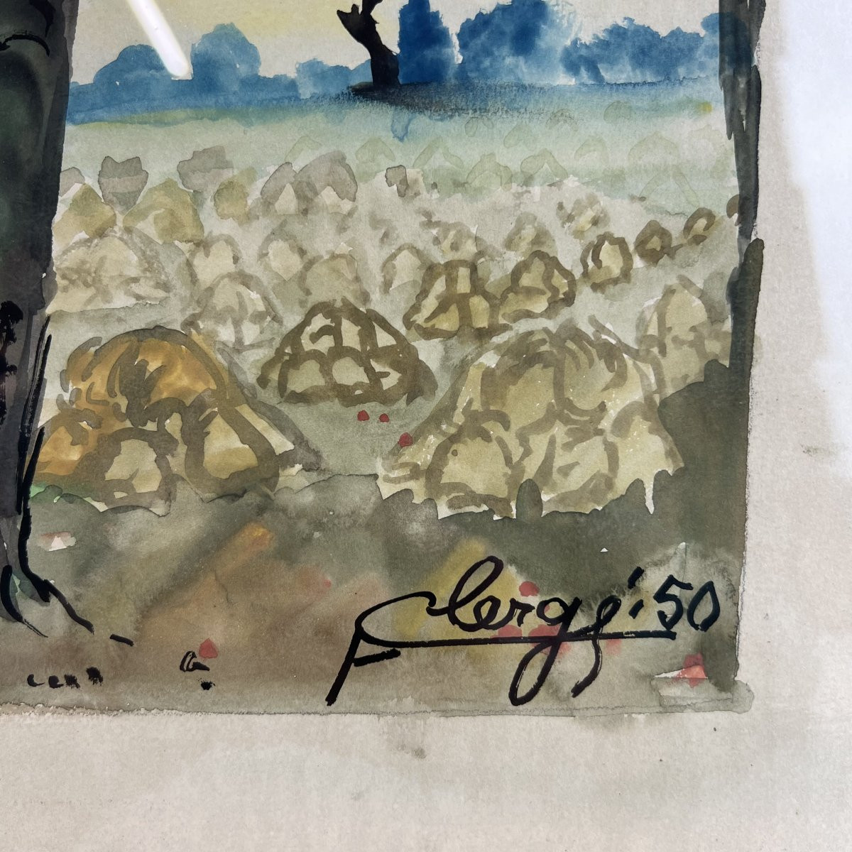 Auguste Clergé 1950 signé, Tableau, peinture, Aquarelle, Paysage champêtre provencal-photo-3